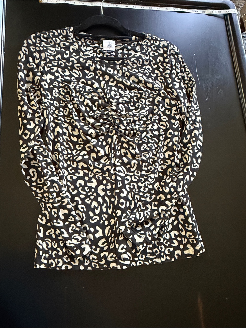Cabi Women's Black and Cream Leopard Print Long Sleeve Top#4163
